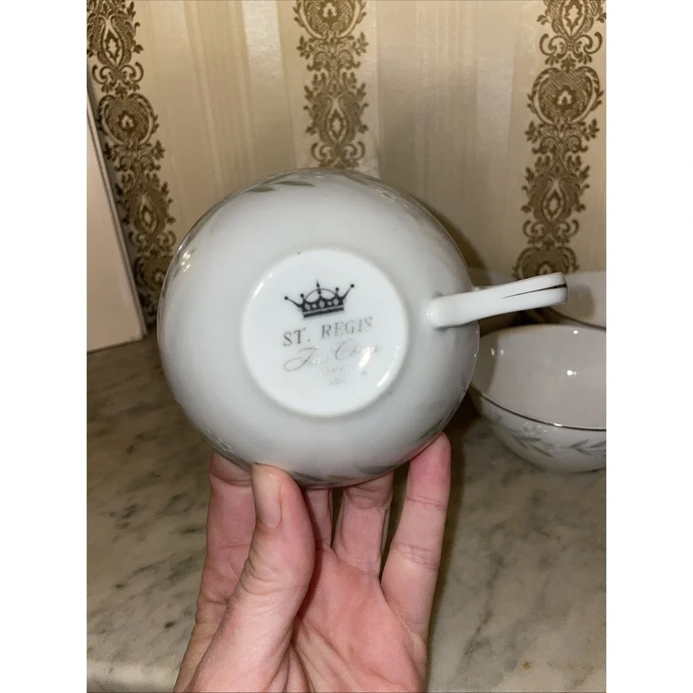 St Regis Fine China Coffee/Tea Cup ONLY 101 White‎ Floral, Silver Japan Set of 4
